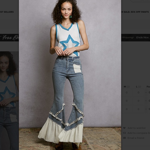 POL Marcella 3 Stretchy Denim Pants with Flared Leg and Gauze Ruffle - Picture 2 of 6